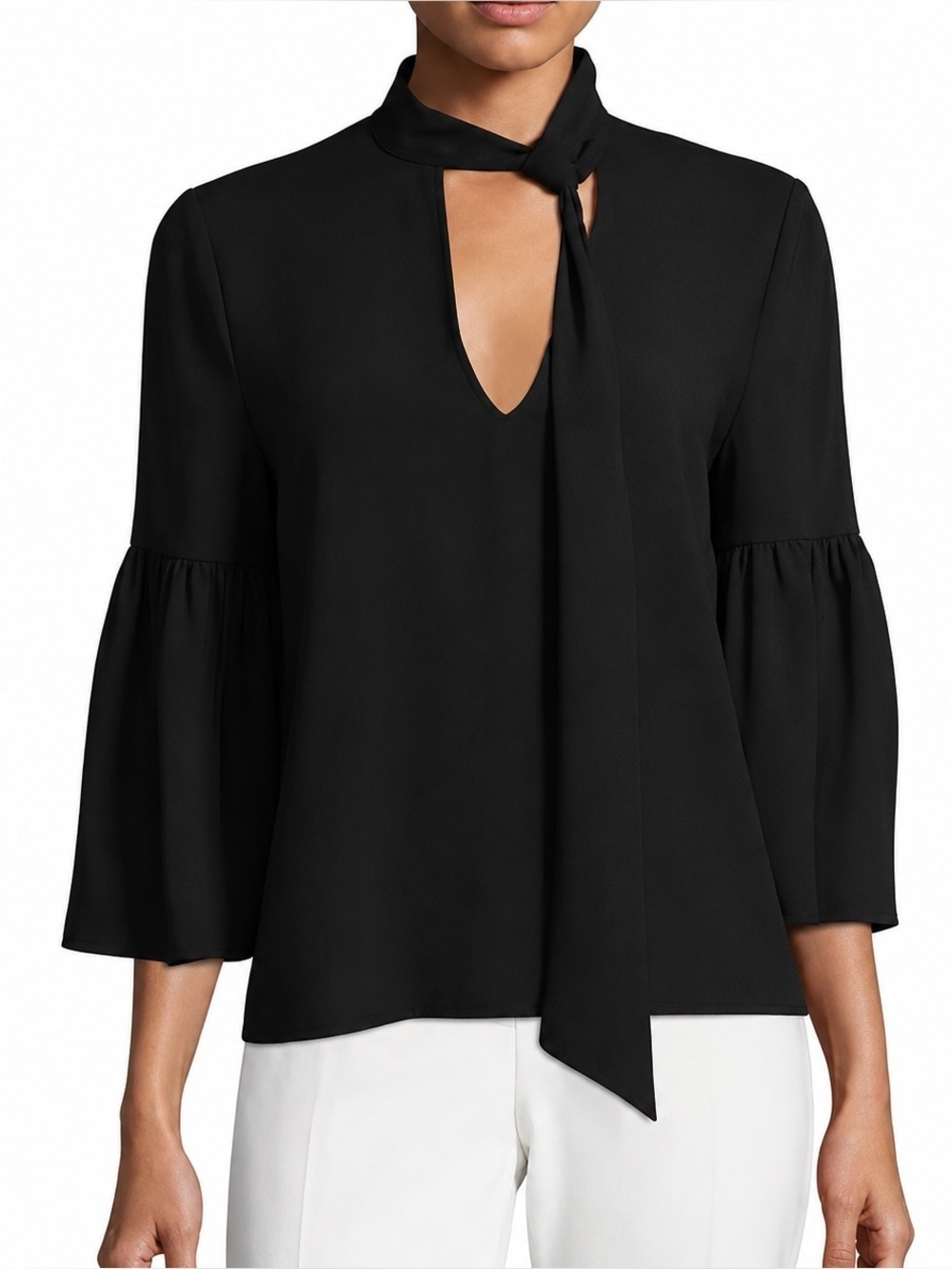 BCBGMAXAZRIA Black Tie Neck Bell Sleeve Blouse – Size Small